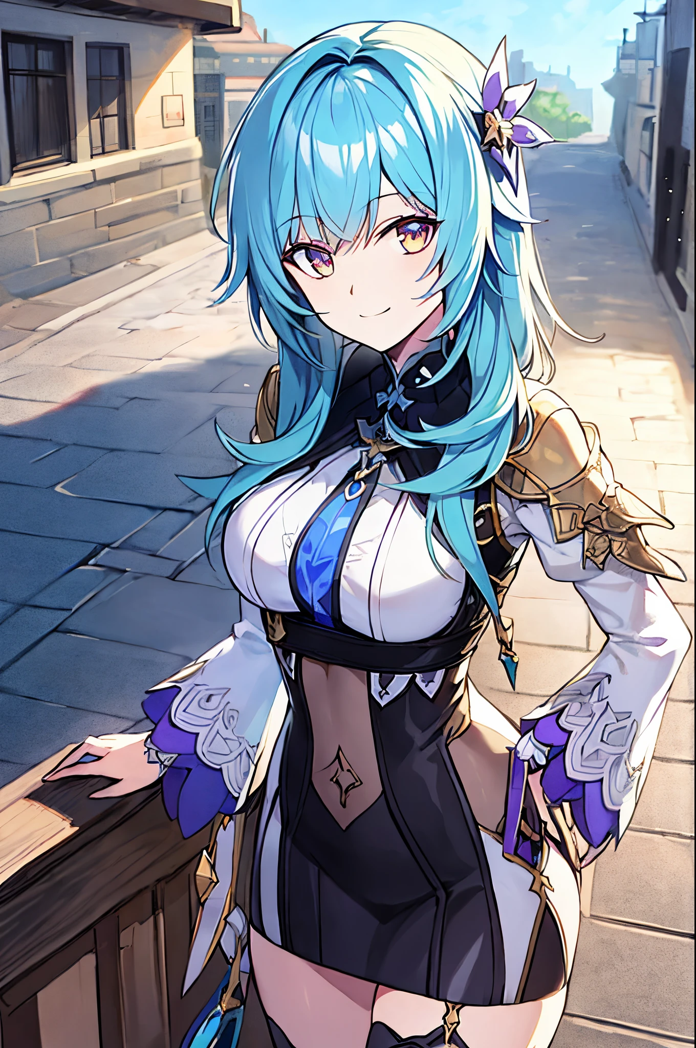 anime drawing of EulaLawrenceGI with blue_hair and yellow_eyes and purple_eyes,
high contrast, high saturation, medieval city,
looking at viewer,
smiling