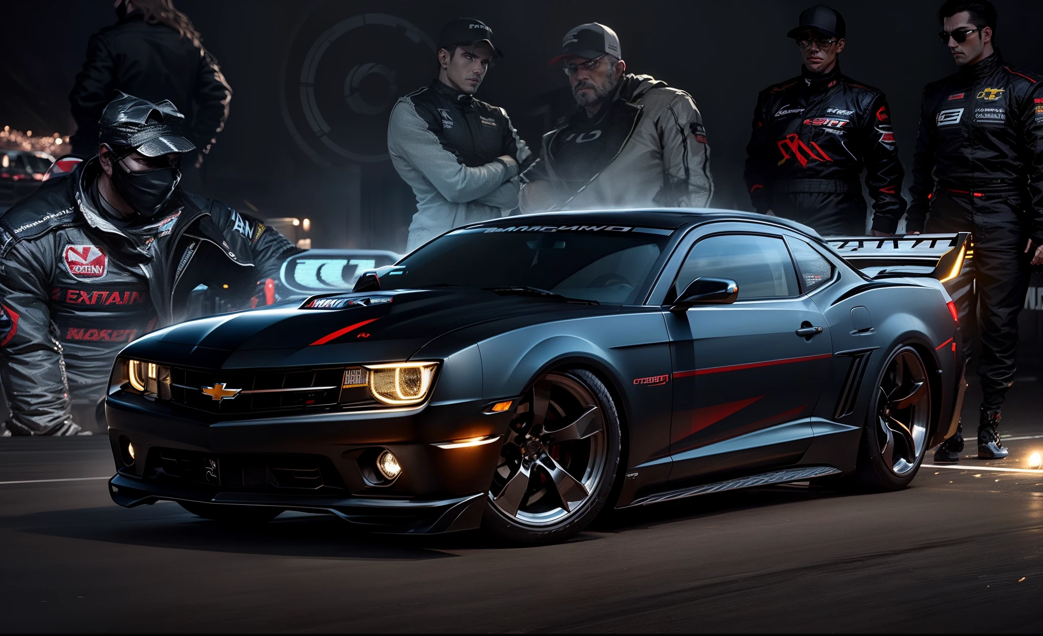 an imposing black Chevy Camaro sport with its headlights on on a racetrack, in the background several groups of racing drivers
