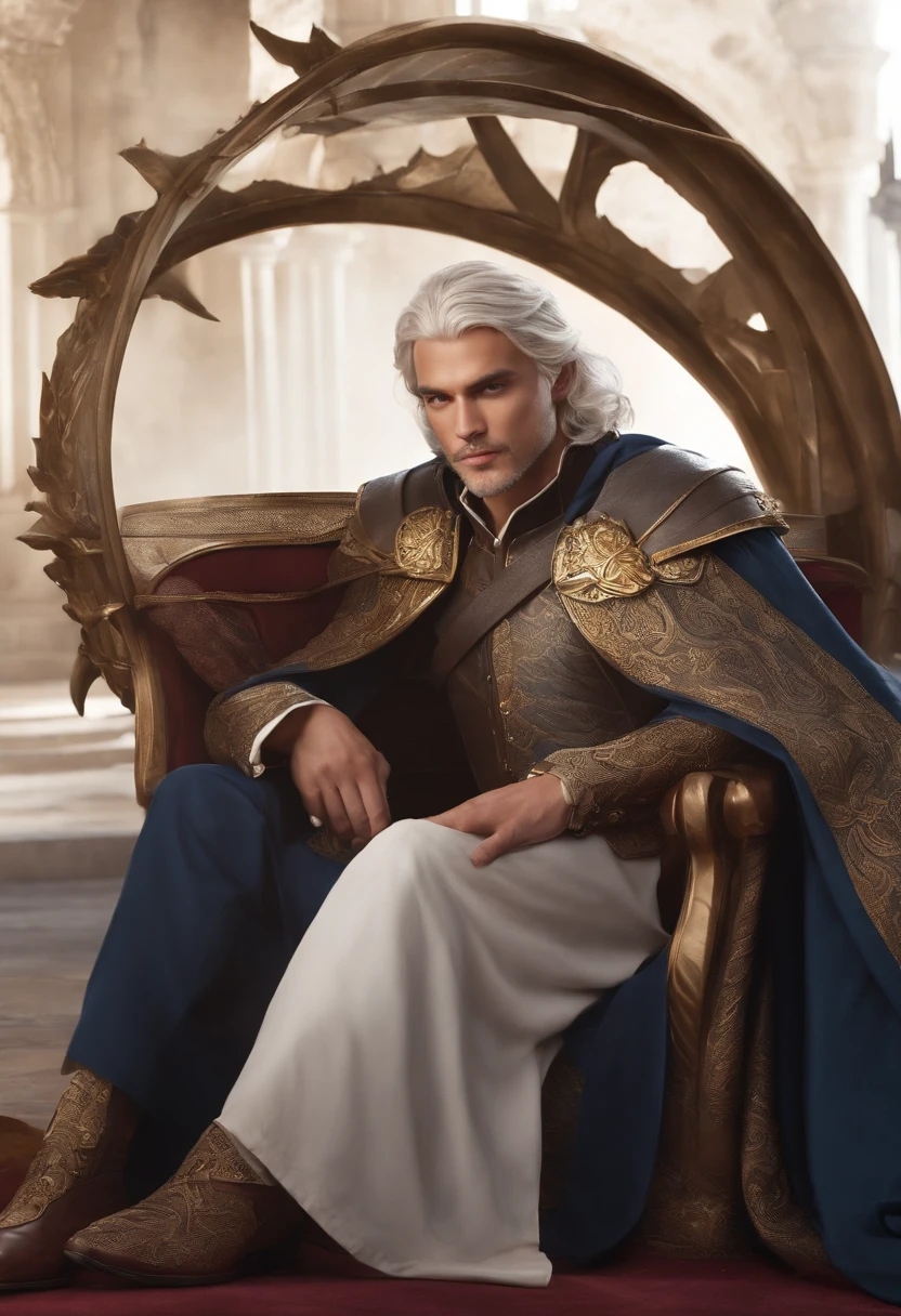 Aemond Targaryen sitting on the Iron Throne, a smug grin on his face,Dance of the Dragons,[Prince Aemond Targaryen; Appearance=medieval regal attire, expensive fabrics, impeccable taste, wears dark colours, casual attire only in private, wears a leather eyepatch over left eye. Facial features=strong and prominent jawline, straight nose, full lips with defined cupids bow, one violet eye (right), scar from left eyebrow to left cheekbone, missing left eye replaced by blue sapphire. Body=Tall, lithe, defined muscles, broad shoulders and chest, long torso, small waist, long legs, tight round arse, long thick uncircumcised cock. Hair=Long, straight, platinum, silver. Hands=Large, veiny, long elegant fingers.]