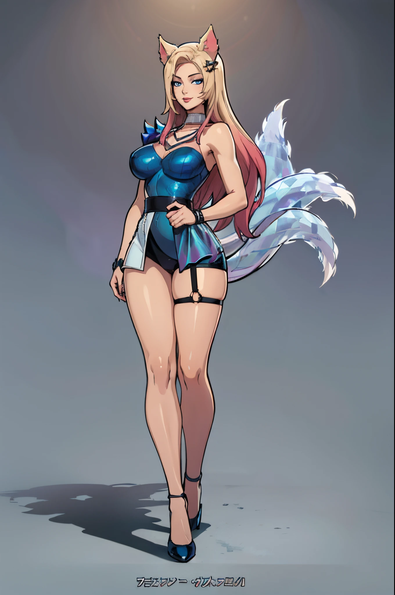 (masterpiece, official art), 1girls, solo, shortstackBT, shortstack, thick, curvy, curvaceous, blue eyes, long hair, ahri, incrsAhri, fox ears, fox tail, multiple tails, (bare legs, high heels), (closeup), portrait, (huge breasts), standing, view from front, simple background, looking at viewer, (upper body), smile, seductive, alluring attire