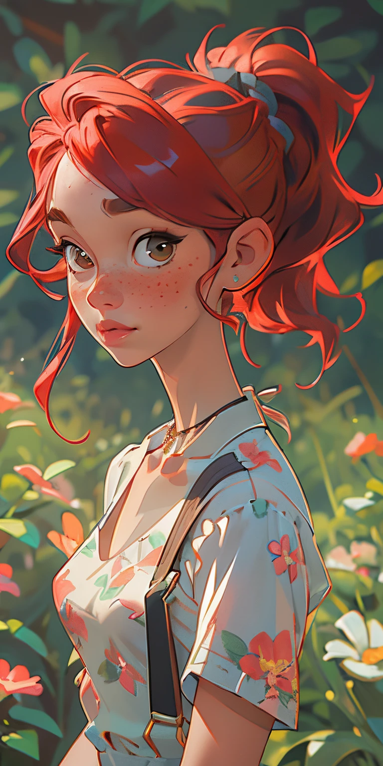 (masterpiece, best quality), 1girl, collarbone, wavy hair, looking at viewer, blurry, upper body, necklace, suspenders, floral print, ponytail, freckles, red hair, sunlight,