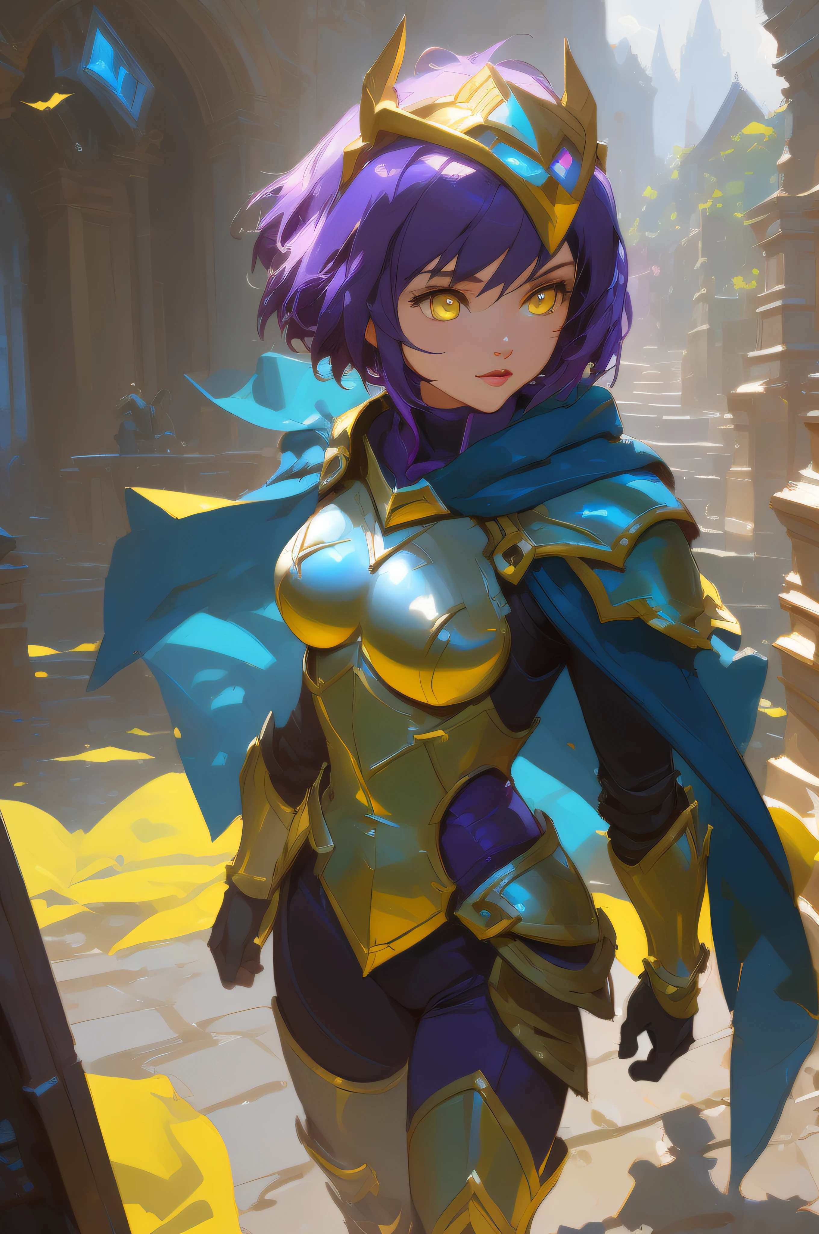 ((quinn \(league of legends\))), league of legends, 1girl, bird, armor, helmet, solo, crossbow, cape, cowboy shot, armor, (purple hair), short hair, gloves, blue cape, helmet, (yellow eyes), gold helmet, breastplate, bodysuit, breasts, bird, modelshoot style, (extremely detailed CG unity 8k wallpaper), full shot body photo of the best artwork in the world, professional majestic oil painting by Ed Blinkey, Atey Ghailan, Studio Ghibli, by Jeremy Mann, Greg Manchess, Antonio Moro, trending on ArtStation, trending on CGSociety, Intricate, High Detail, Sharp focus, dramatic, photorealistic painting art by midjourney and greg rutkowski