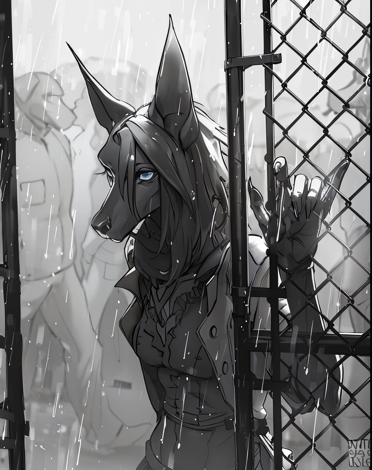 personnage d'anime dans une cage avec une épée et un casque, POV Furry Art, Pluie. hyper détaillé, sous la pluie, Commission des hautes résolutions, Anthro Paw POV Art, de Cryptid Academia, principalement en niveaux de gris, sous la pluie, Art à fourrure!!!, fortes pluies, très très bel art poilu, Fanart détaillé, pluvieux à l’extérieur, niveaux de bleu nuit, reflet eau, néons rose et bleu