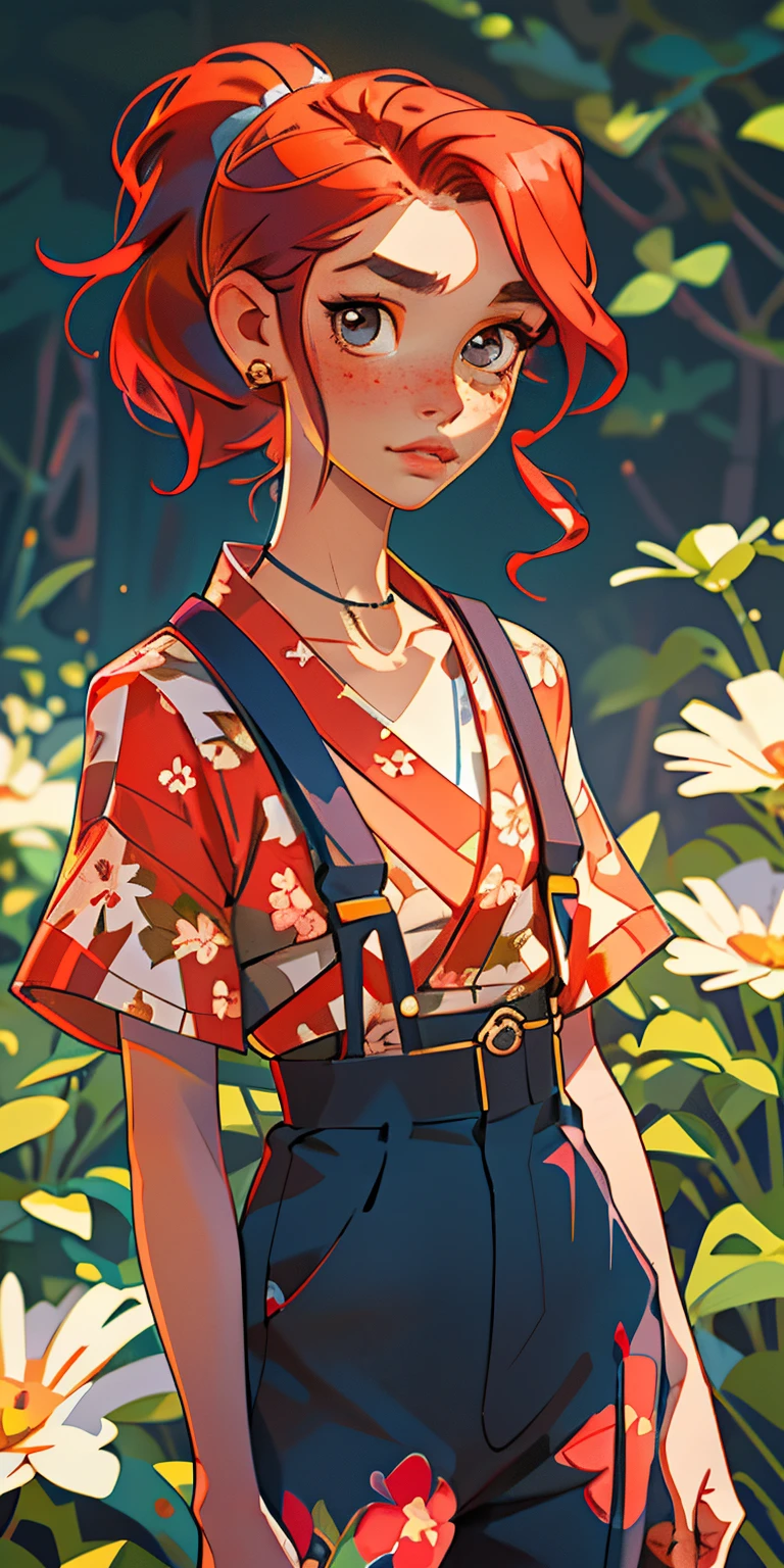 (masterpiece, best quality), 1girl, collarbone, wavy hair, looking at the viewer, blurred, upper body, necklace, suspenders, floral print, ponytail, freckles, red hair, sunlight, long legs, , Japanese