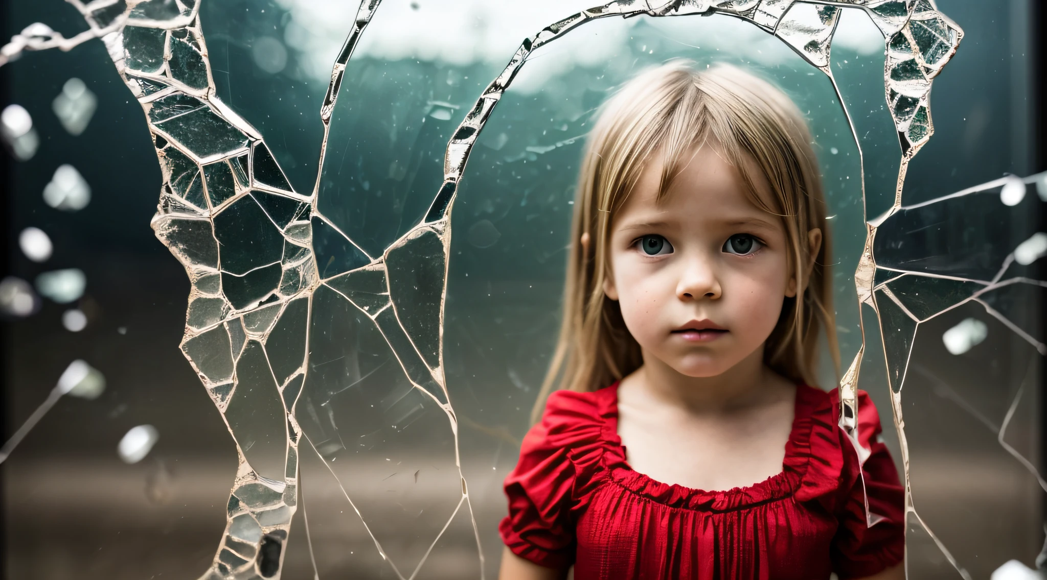 BLONDE CHILD KIDS in a red dress, uma janela de vidro quebrada em um fundo transparente, cracking glass through reality, vidro rachado, glass shattering, vidro quebrado, shattered glass