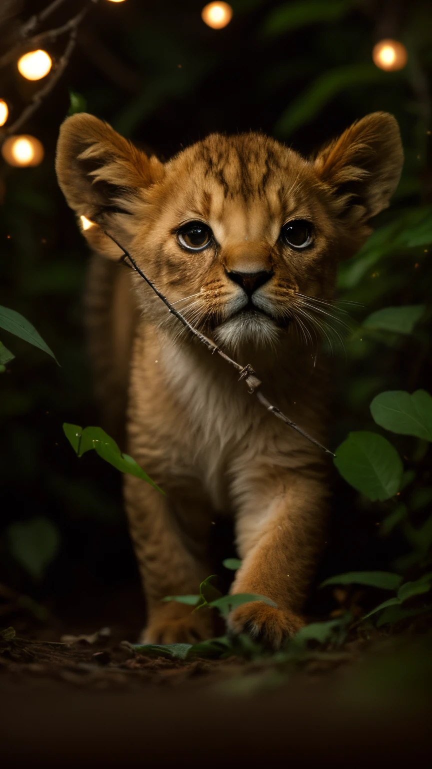 真实感, Realism, lion cub, tmasterpiece, Brad Jongsan walks in the jungle (Night of the Fireflies), (higly detailed: 1 1), rough face, natural skin, hiquality, NSFW, pretty eyes, (Detailed face and eyes), (s face: 1 2), tumult, Complementary, real-photo, ..PSD, Lightweight Film Photography, sharp-focus, contrast lighting, Detail Skin, high resolution 8k, Crazy detailing, Realistic, professional photo of a, 8K UHD, dslr, soft light, hiquality, film grains, Fujifilm XT3