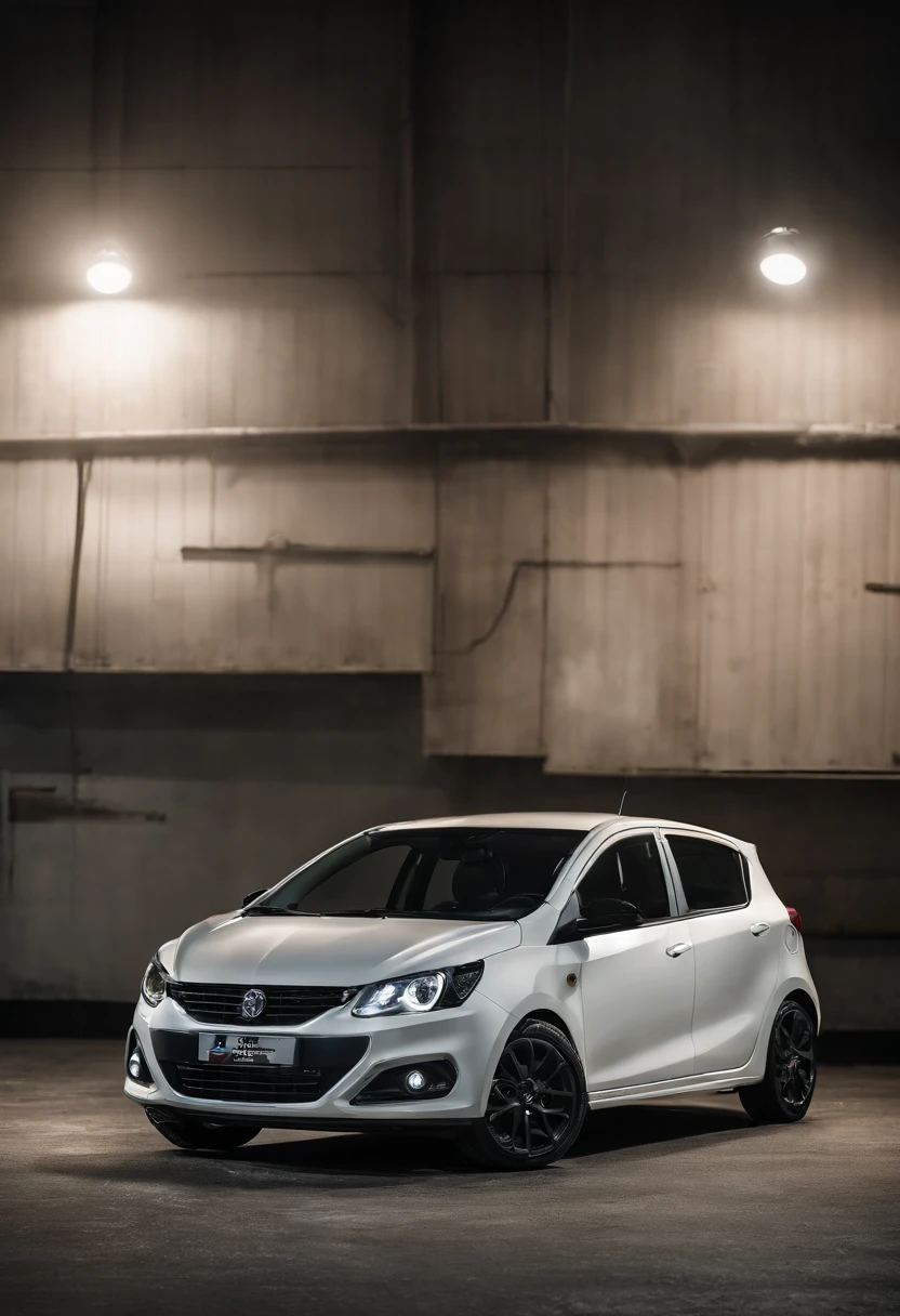automotive advertising photography low-angle front-view of Proton-iriz compact-hatchback-car white color with bold wide-bodykit in garage setup, with 1 malay girl in japan school uniform beside the car, proton car logo, proton-iriz, square-lamp, sporty car look, proton logo, 28mm lens, Establishing shot, smoke effect below, deep focus cinematography effect, spotlight Lighting, a lot of smoke in background, dramatic effect, dark color grading, high quality, ultra detail, 8k resolution,