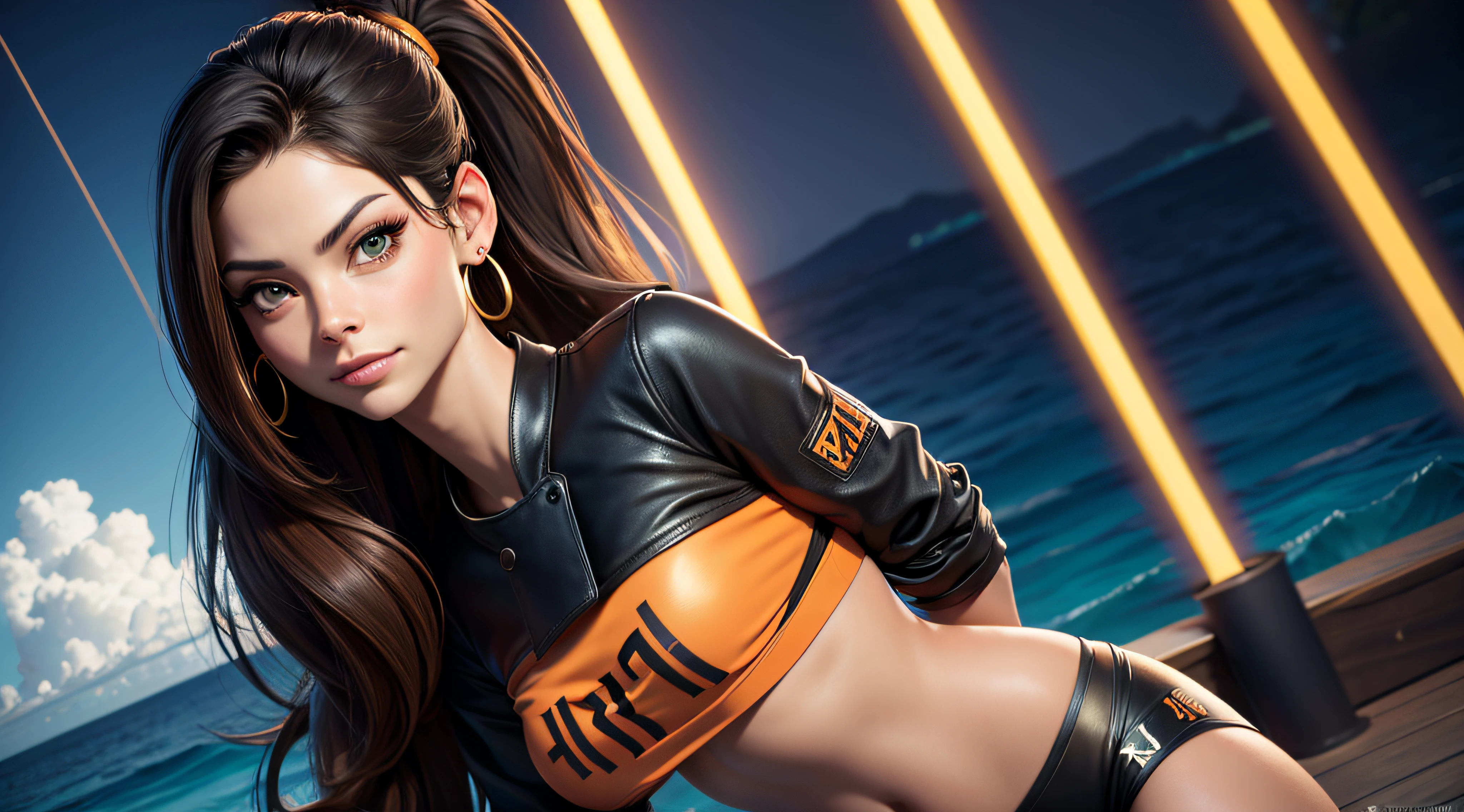 At the center, 1Kristin Kreuk with ponytail and green eyes and golden hoops earings wearing a black leather pants and an orange crop top with a double K logo written on the shirt and a red leather jacket on top of it. looking at the spectator. Tahiti environment in the background : cocotiers and sea and beach. Very detailed. cinematic lighting. angle dynamique. Chef d'oeuvre. golden ratio.