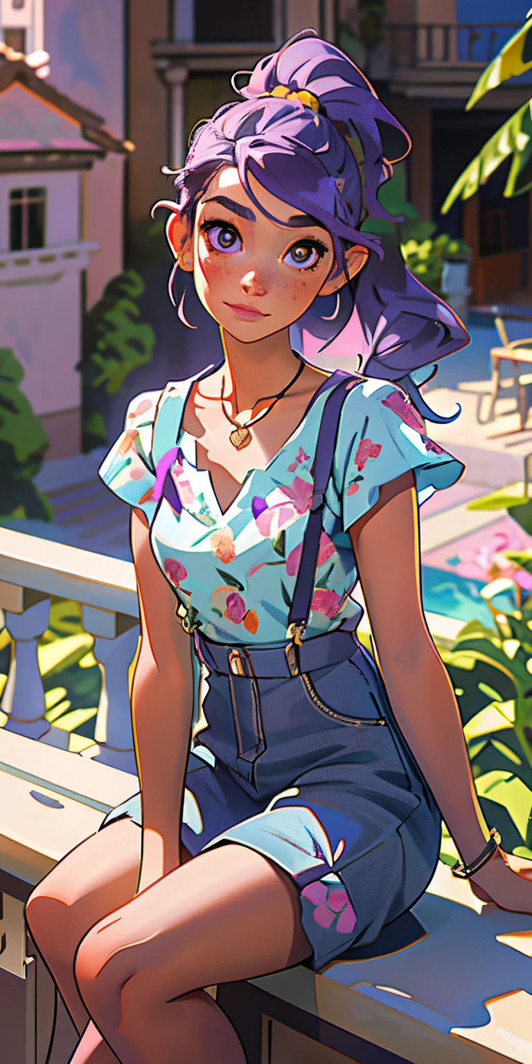 (masterpiece, best quality), 1girl, collarbone, wavy hair, looking at viewer, blurry, upper body, necklace, suspenders, floral print, ponytail, freckles, purple hair, sunlight, sitting in balcony of a villa
