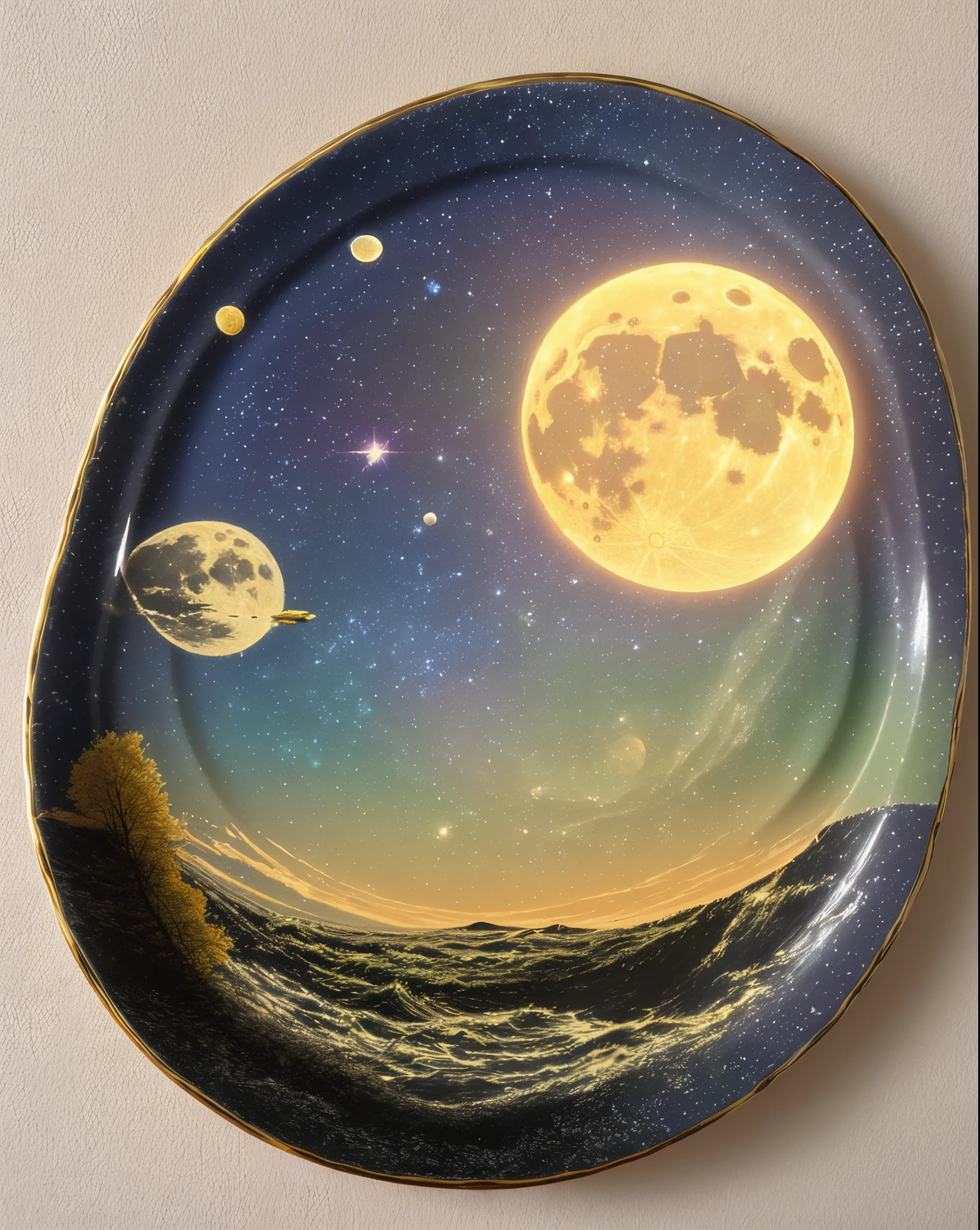 Create a terr plate qui flotte dans l&#39;espace avec une soleil et la lune en horrible, realistic image