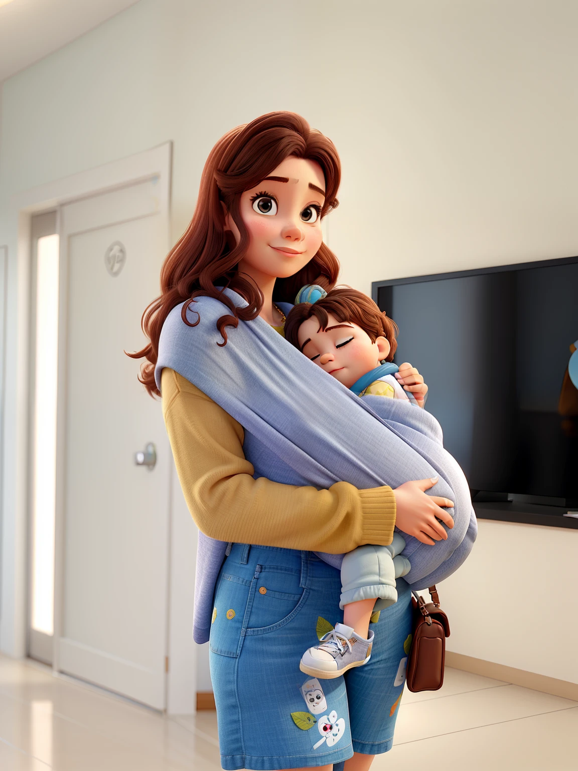 Woman with baby sleeping in sling, com o fundo de sala de estar ao estilo disney pixar, alta qualidade