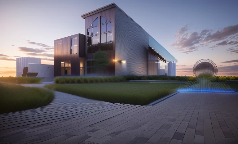a rendering of a plaza in front of one modern home, stone pathway to building, stone pathway from right to left, one steel sculpture on the left and one steel sculpture on the right, grass between modern home and plaza, nice grass lawn, beautiful sky, daylight, bright daylight, two-point perspective, human perspective, realistic, masterpiece, ultra-detailed, 4k, photographic, rendering, commercial