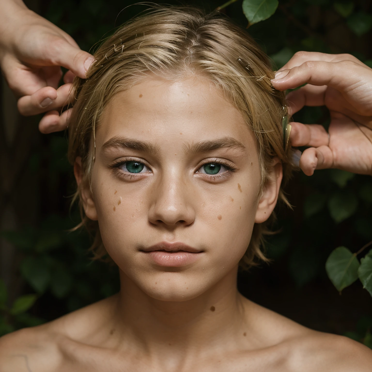  boy alone,with blonde hair,dark green eyes skin with vitiligo