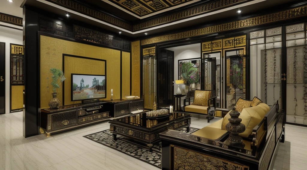 ((Best quality, 8k, Masterpiece :1.3)) (living room indochina BLACK Wood design: 1.3)  glossy black wooden furniture  , sofa , plaster ceiling , glossy mable floor , ink art , wall panel, (full detail with indochina 's motif:1.2)