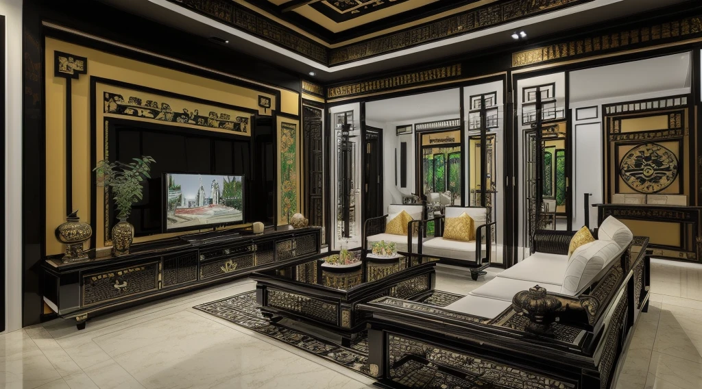 ((Best quality, 8k, Masterpiece :1.3)) (living room indochina BLACK Wood design: 1.3)  glossy black wooden furniture  , sofa , plaster ceiling , glossy mable floor , ink art , wall panel, (full detail with indochina 's motif:1.2)