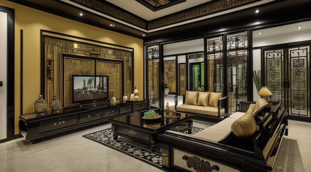 ((Best quality, 8k, Masterpiece :1.3)) (living room indochina BLACK Wood design: 1.3)  glossy black wooden furniture  , sofa , plaster ceiling , glossy mable floor , ink art , wall panel, (full detail with indochina 's motif:1.2)