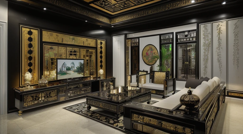 ((Best quality, 8k, Masterpiece :1.3)) (living room indochina BLACK Wood design: 1.3)  glossy black wooden furniture  , sofa , plaster ceiling , glossy mable floor , ink art , wall panel, (full detail with indochina 's motif:1.2)