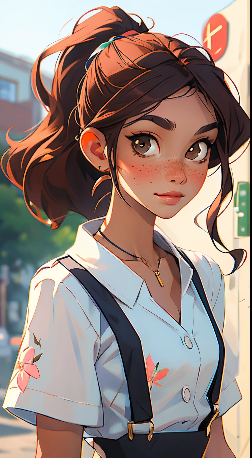 (masterpiece, best quality), 1girl, collarbone, wavy hair, looking at viewer, blurry, upper body, necklace, suspenders, floral print, ponytail, freckles, brown hair, sunlight,