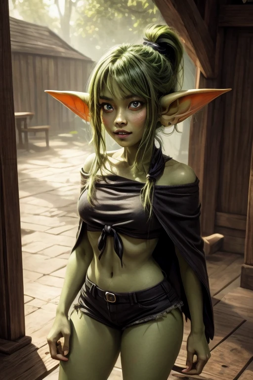 1girl, elf, green wavy hair, from above, medium breasts, suspended by arms, head down, POV, from the side, (dirty, bruise:1.2),  cave floor, multiple boys, goblins, goblins, enemies,