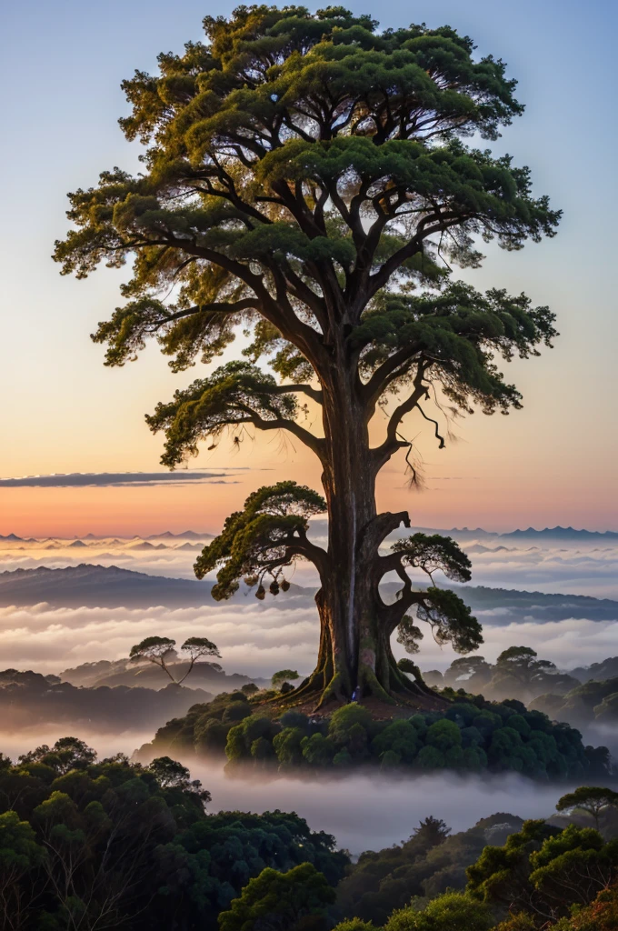 DSLR RAW filmgrain photo, shot on Samsung s23 Ultra at 200 MB, photography, edited in Adobe Lightroom, ancient giant tree in the deep jungle, colorful birds in the branches, fog at dawn, beautiful scenery