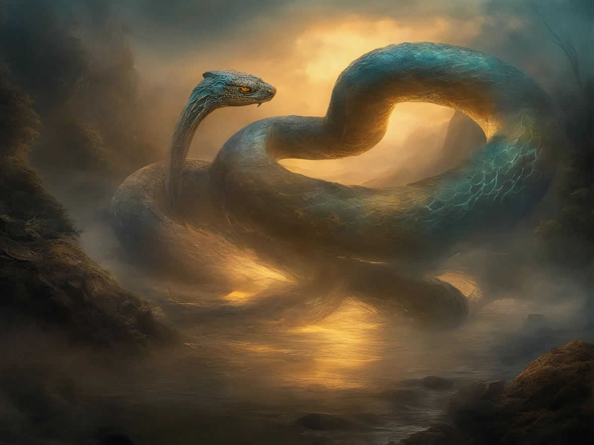 (best quality,4k,8k,highres,masterpiece:1.2),ultra-detailed,realistic,photorealistic:1.37,multiple snakes,hiding in fog,sea,serpents,lurking in mist,hauntingly beautiful,ethereal atmosphere,mysterious,creatures slithering,camouflaged,revealed through fog,shrouded in mist,majestic,entrancing,deadly,venomous,mesmerizing,snakes intertwined,body of water,calm surface,rippling waves,soft hues of blue and gray,misty air,dampness,mysterious foggy landscape,unearthly light,ethereal,translucent,serpentine forms,sharp scales,glistening,dark,slithering motion,twisted and coiled,hidden treasures,piercing eyes,staring into your soul,ancient creatures,enchanted scene,fantasy-like,mythical beings,undulating movement,otherworldly habitat,shadows and whispers in the mist,secrets of the deep,unseen predators,ominous,haunting presence,spine-tingling,awe-inspiring,mythical powers,marvelous creation of nature,serenity and mystery intertwined,subtle details,evoking a sense of wonder and fear,lost world,astounding nature's artwork,intertwined with nature,mesmerizing dance of life and death,unleashing primal instincts,stirring deep emotions,unforgettable encounter.