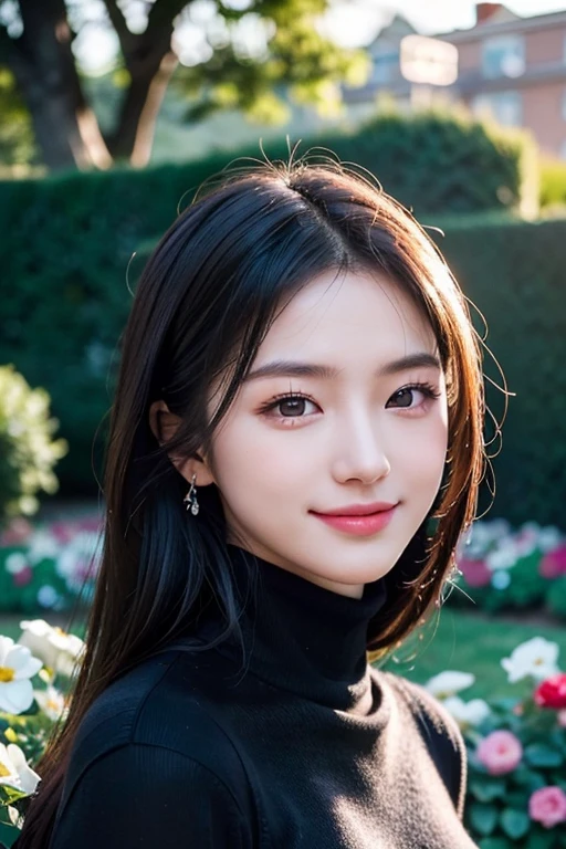 masterpiece,DSLR photo,analog style,NikonD5,rialistic photo,Photo of beautiful 20 year old woman,dramatic lighting(85mm),Blooming garden in the background,(detailed facial features),(detailed shiny eyes),dynamic ungle,michelangelo style,Long,Black Turtleneck Sweater,a smile:1.4,