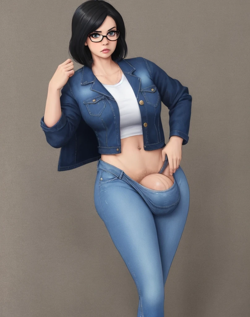 (best quality), slim, solo, 1futa, a middle-aged futanari woman. (The woman has a huge massive cock bulge in her crotch with huge testicles), causing a noticeable protrusion in her jeans.  She wears glasses and looks like a Karen. Annoyed and angry expression. She wears blue jeans, a white shirt, a short blue jacket and black hair.