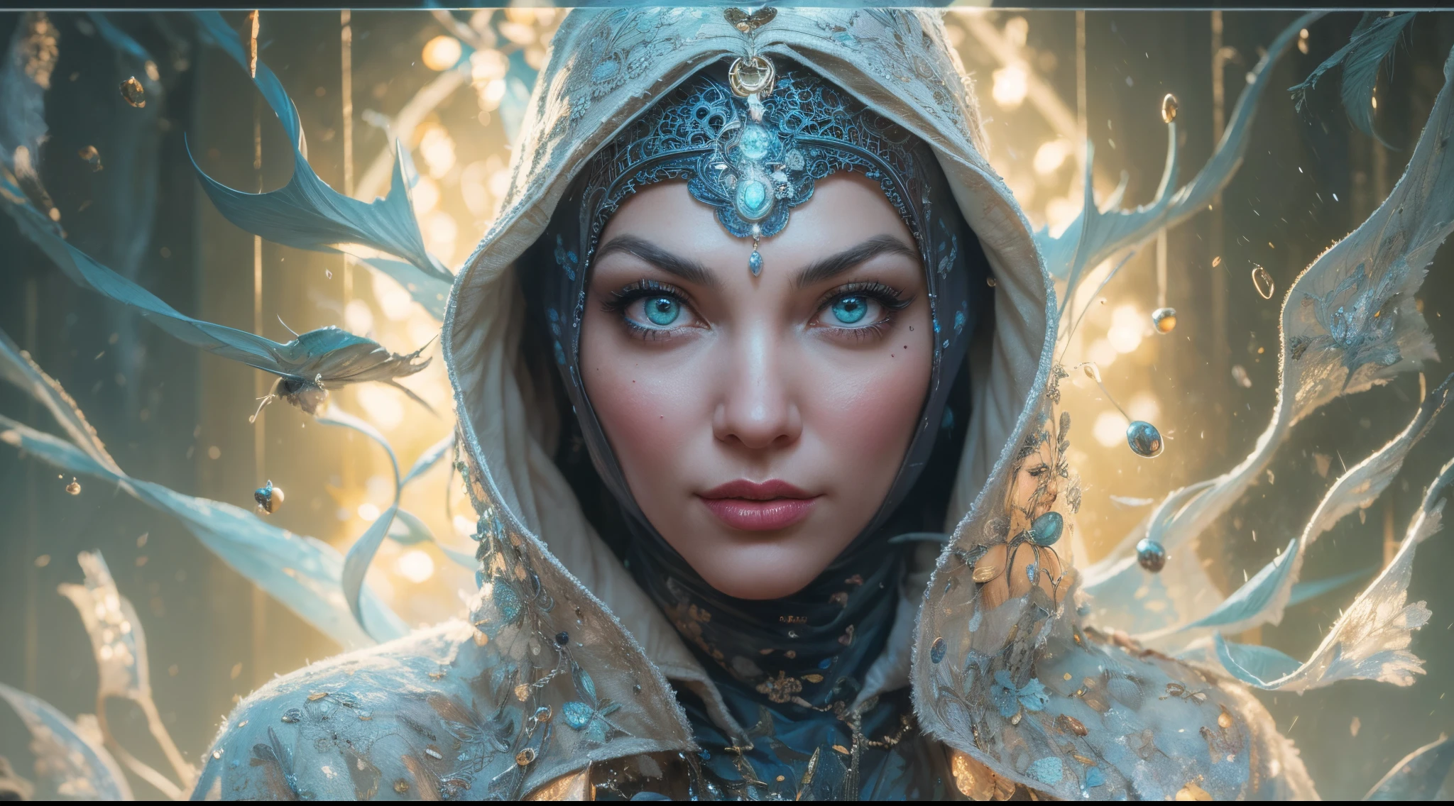 Full body portrait, beautiful fantasy Catwoman in hijab, shiny metallic jeweled depth, glowing smoke neon eyes, hoarfrost metal lace, fantasy, sunlight, sunbeam, intricate detail. 8k, dreamlike, surrealism, super cute, symmetrical, soft lighting, trending on artstation, intricate details, highly detailed, unreal engine, by ross tran, wlop, artgerm and james jean, Brian Froud, art illustration by Miho Hirano, Neimy Kanani, oil on canvas by Aykut Aydoğdu, oil painting, heavy strokes, paint dripping