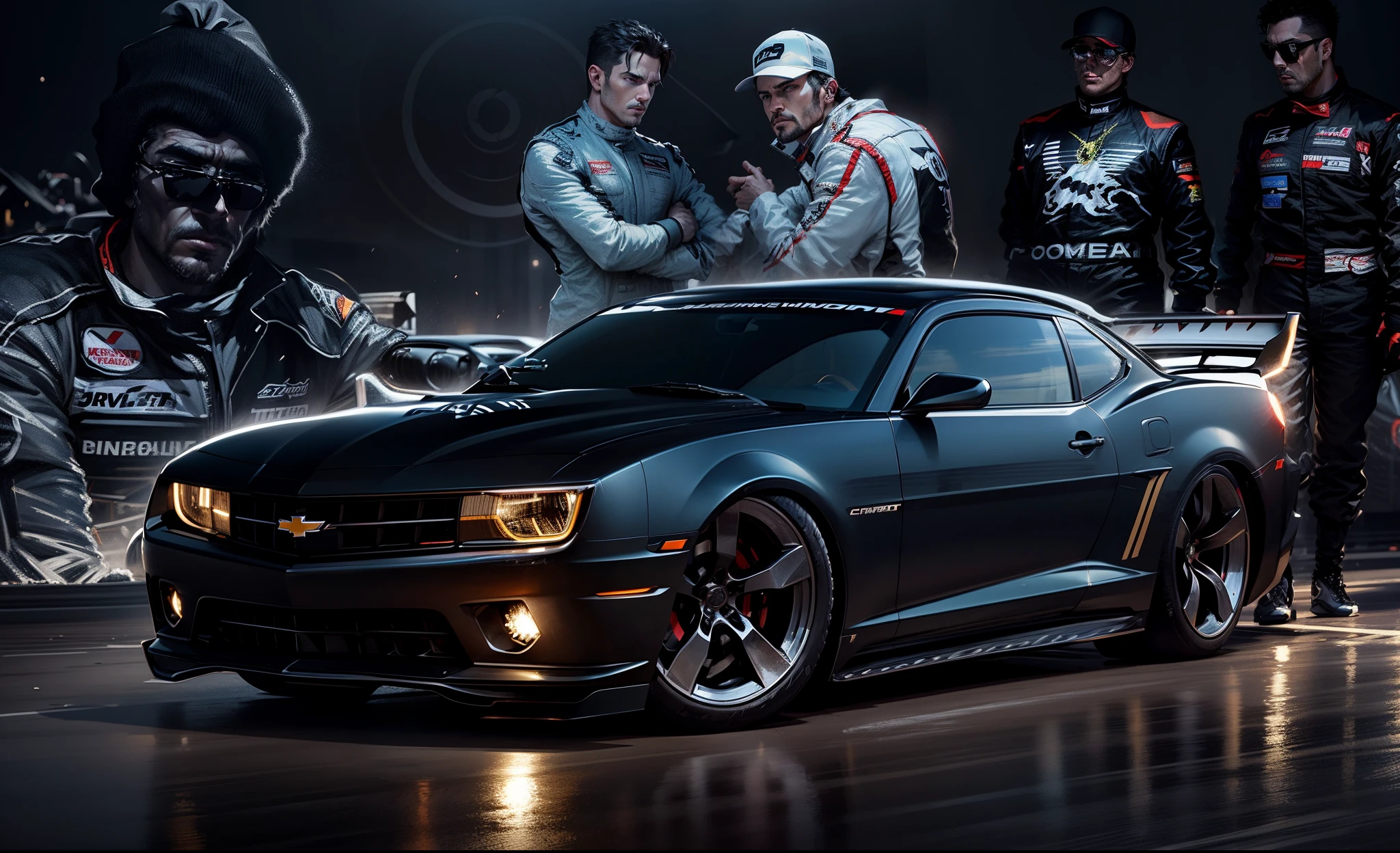 an imposing black Chevy Camaro sport with its headlights on on a racetrack, in the background several groups of racing drivers