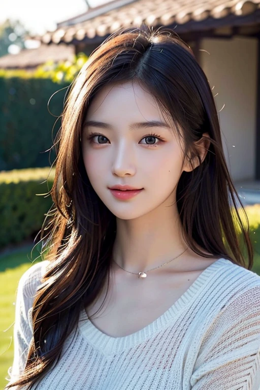 masterpiece,DSLR photo,analog style,NikonD5,rialistic photo,Photo of beautiful 20 year old woman,dramatic lighting(85 mm),Blooming garden in the background,(detailed facial features),(detailed shiny eyes),dynamic ungle,michelangelo style,long,turtle necked sweater,A smile:1.4,