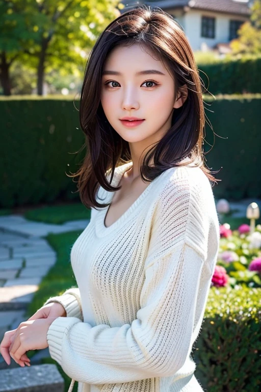 masterpiece,DSLR photo,analog style,NikonD5,rialistic photo,Photo of beautiful 20 year old woman,dramatic lighting(85 mm),Blooming garden in the background,(detailed facial features),(detailed shiny eyes),dynamic ungle,michelangelo style,long,turtle necked sweater,A smile:1.4,