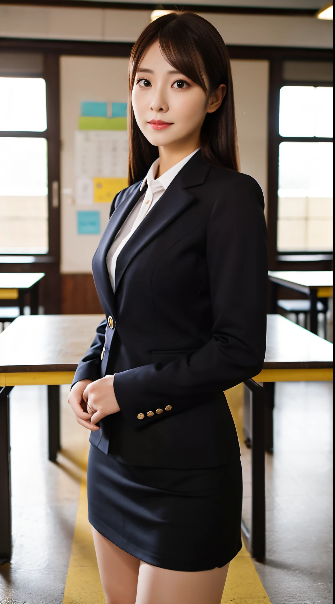 4k,8k,16k,32k, high-resolution ,realistic, photorealistic, RAW photo,ultra realistic photo ,Best Quality, High Quality, Face Focus,makeups,Japanese woman ,30 years old ,Woman's businessblack Suit ,black business black tight skirt,frontage,full body shot,Classroom, Sony