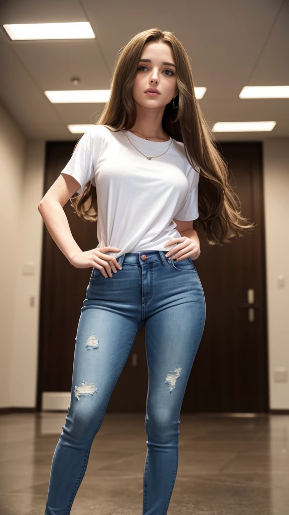 18 year old jewish girl, Natalie Portman from a distance, very long hair, extremely long hair, indoors, full body view, full body shot, standing, soft lighting, long white scoop neck shirt, long shirt, jeans, (colossal breasts:1.05)