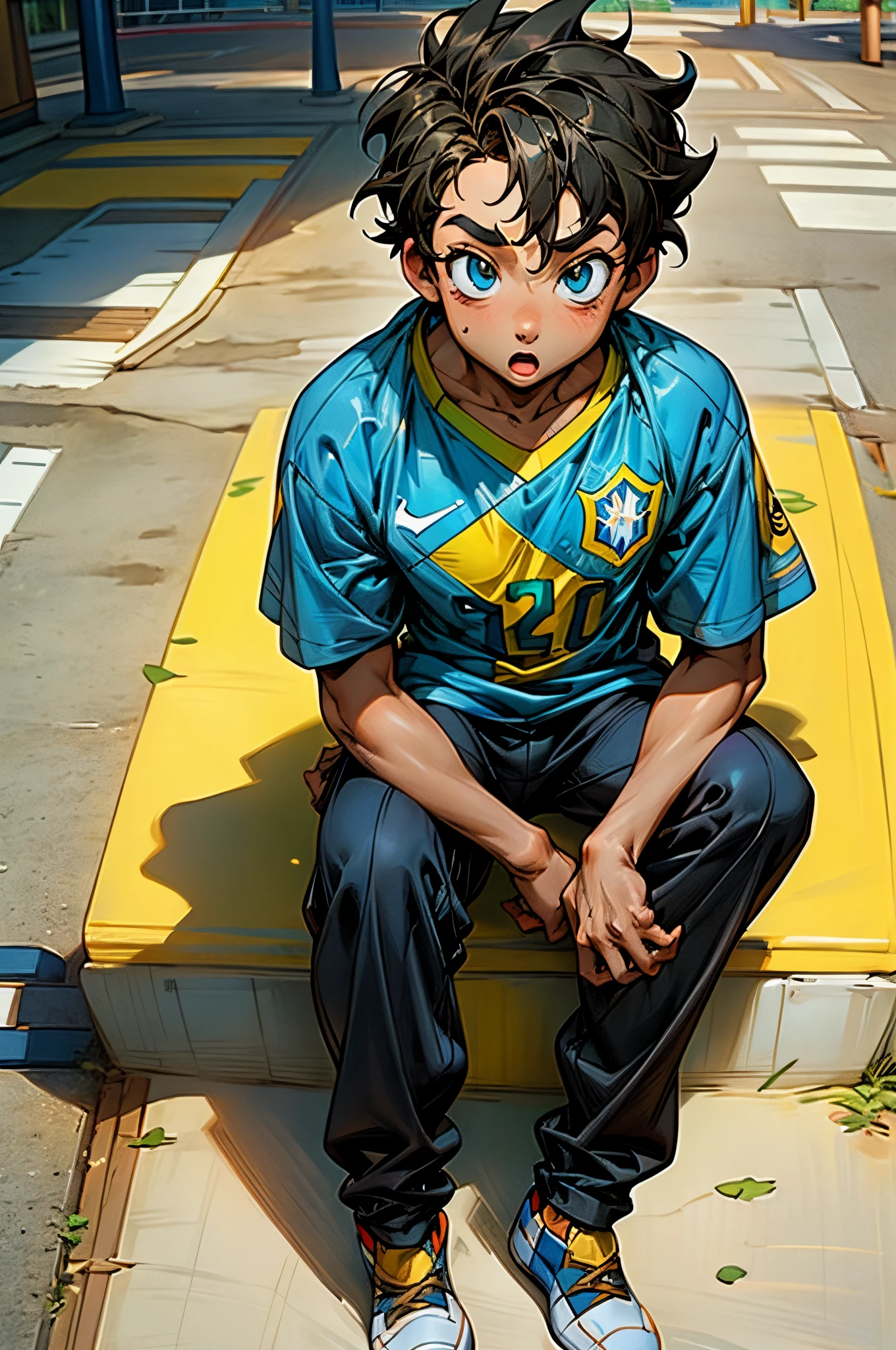 A boy wearing a Brazil shirt sitting on the sidewalk Pixar film