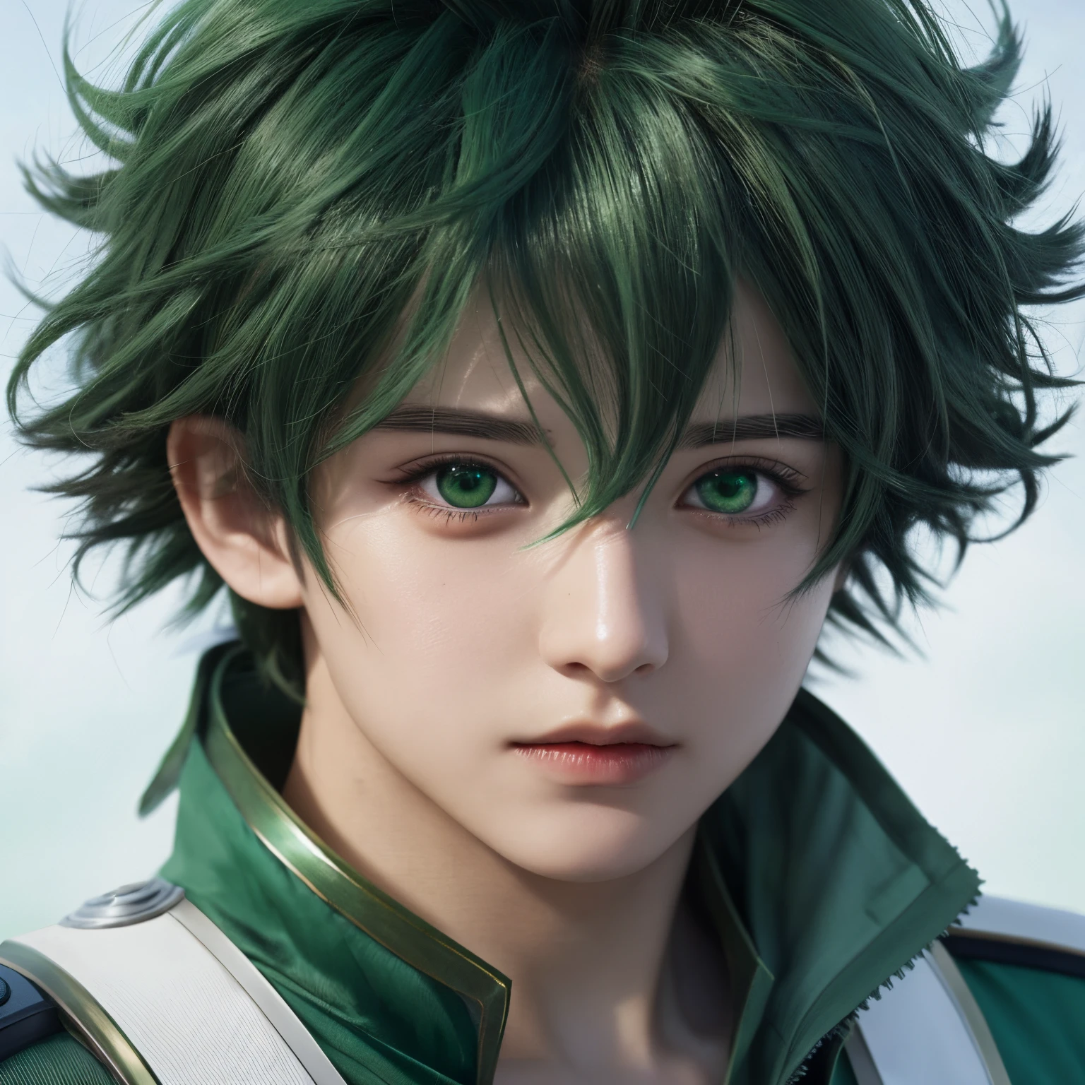 Close-up of a person with green hair and green eyes, Izuku Midoriya, realistic anime artstyle, Highly detailed anime face, highs quality, Realistic.