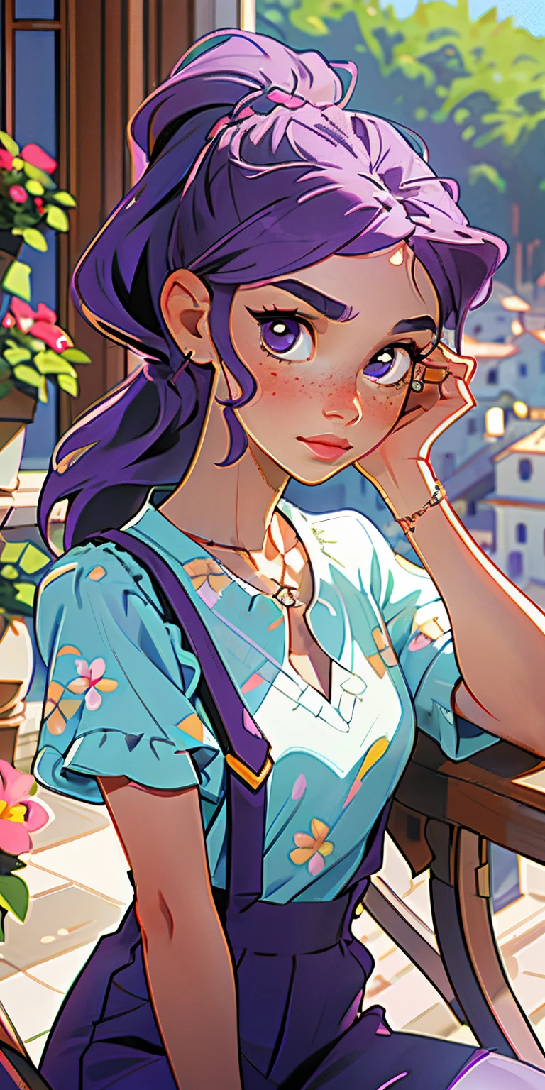 (masterpiece, best quality), 1girl, collarbone, wavy hair, looking at viewer, blurry, upper body, necklace, suspenders, floral print, ponytail, freckles, purple hair, sunlight, sitting in balcony of a villa