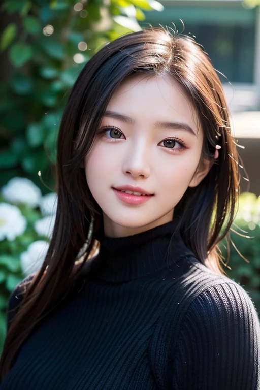 masterpiece,DSLR photo,analog style,NikonD5,rialistic photo,Photo of beautiful 20 year old woman,dramatic lighting(85 mm),Blooming garden in the background,(detailed facial features),(detailed shiny eyes),dynamic ungle,michelangelo style,long,Black turtleneck sweater,A smile:1.4,