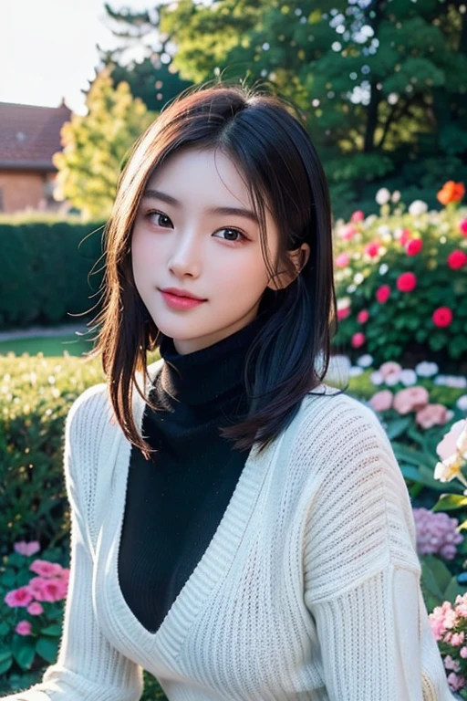 ​masterpiece,DSLR photo,analog style,NikonD5,rialistic photo,Photo of beautiful 20 year old woman,dramatic  lighting(85 mm),Blooming garden in the background,(detailed facial features),(detailed shiny eyes),dynamic ungle,michelangelo style,long,Black turtleneck sweater,A smile:1.4,