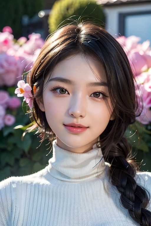 ​masterpiece,DSLR photo,analog style,NikonD5,rialistic photo,Photo of beautiful 20 year old woman,dramatic  lighting(85 mm),Blooming garden in the background,(detailed facial features),(detailed shiny eyes),dynamic ungle,michelangelo style,long,Black turtleneck sweater,A smile:1.4,