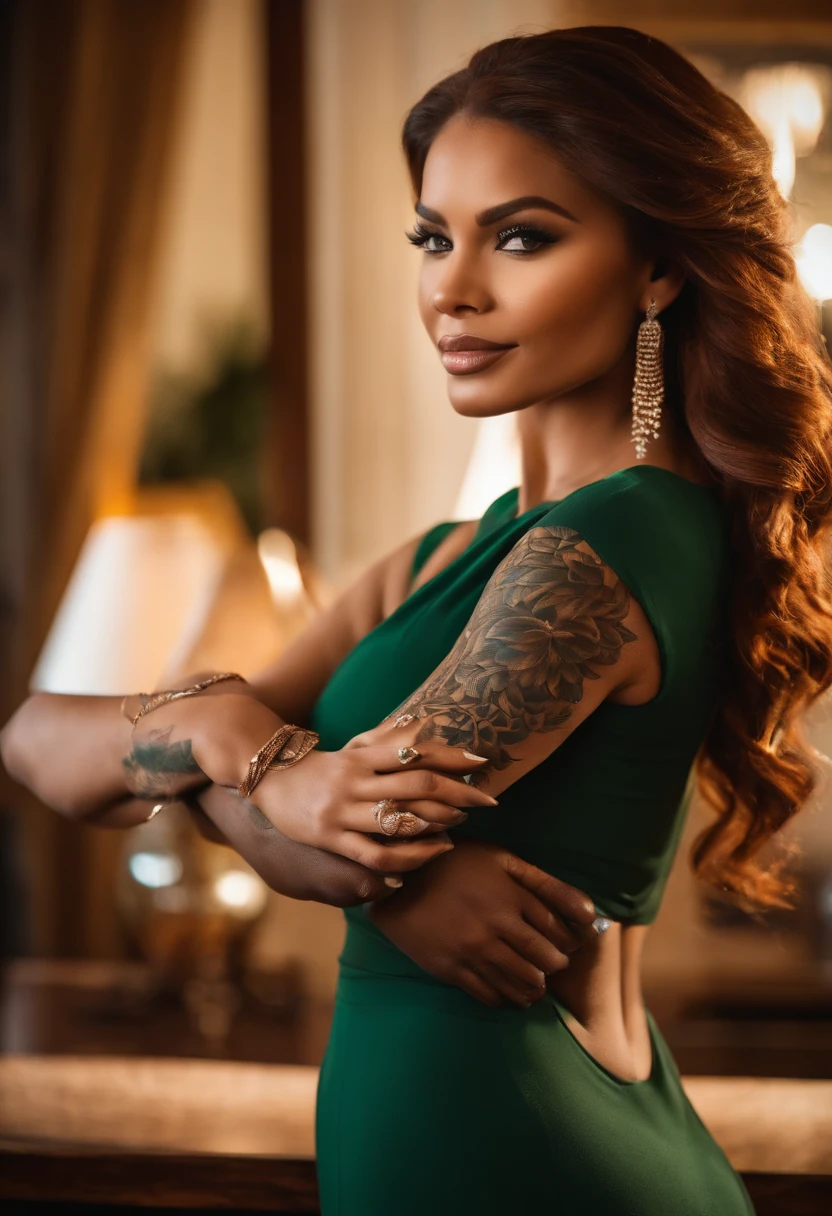 A photo of Jasmine getting a tattoo of her favorite motivational quote on her forearm, showcasing her fearless spirit.,original,Jasmine, with her flowing auburn hair and captivating emerald eyes, radiates a magnetic allure, her appearance striking a perfect balance between glamorous and approachable. Her figure, a mesmerizing blend of fitness and natural curves, is often adorned in high-end yet tasteful attire, reflecting her luxurious lifestyle funded by her success.