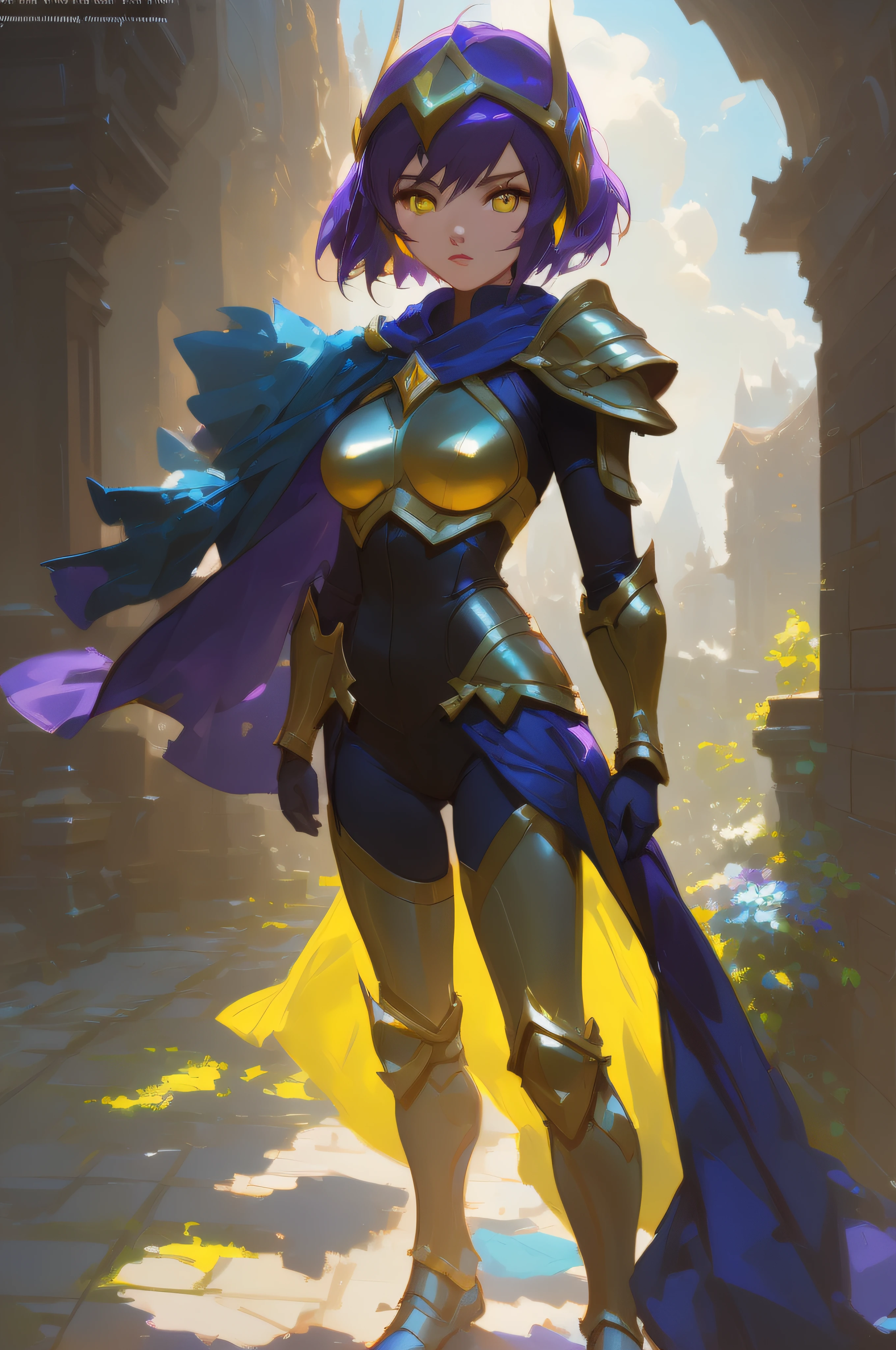 ((quinn \(league of legends\))), league of legends, 1girl, bird, armor, helmet, solo, crossbow, cape, cowboy shot, armor, (purple hair), short hair, gloves, blue cape, helmet, (yellow eyes), gold helmet, breastplate, bodysuit, breasts, bird, modelshoot style, (extremely detailed CG unity 8k wallpaper), full shot body photo of the best artwork in the world, professional majestic oil painting by Ed Blinkey, Atey Ghailan, Studio Ghibli, by Jeremy Mann, Greg Manchess, Antonio Moro, trending on ArtStation, trending on CGSociety, Intricate, High Detail, Sharp focus, dramatic, photorealistic painting art by midjourney and greg rutkowski
