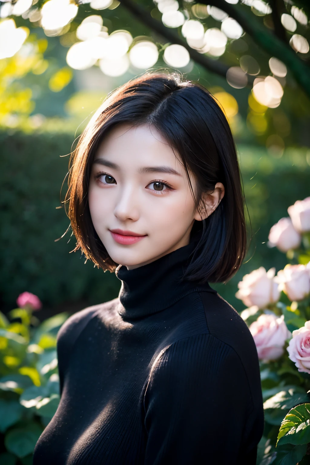 masterpiece,DSLR photo,analog style,NikonD5,rialistic photo,Photo of beautiful 20 year old woman,dramatic lighting(85mm),Blooming garden in the background,(detailed facial features),(detailed shiny eyes),dynamic ungle,michelangelo style,Long,Black Turtleneck Sweater,a smile:1.4,
