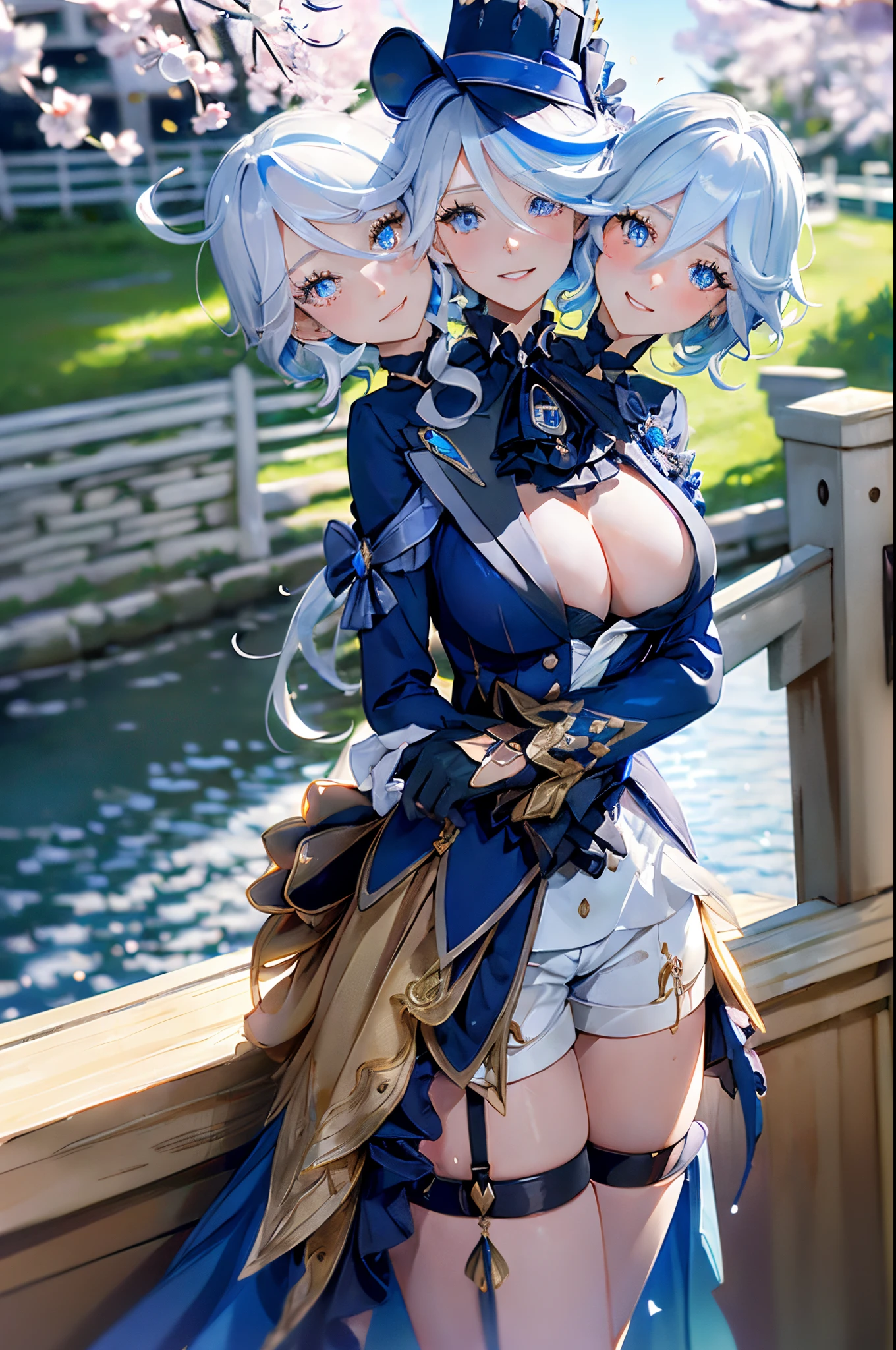 (3heads:1.5), (furina:1.5), (masterpiece, best quality), best resolution, 1girl, ultra-detailed, glistening shiny, glowing light, ray tracing, HDR, deph of field, (perfect face, detailed face, detailed eyes,perfect hands),(medium boobs:1.2),8k,HD,ultra realistic face,ray tracing,perfect lighting,best quality, ultra-detailed, shiny eyes, (looking at viewer,open mouth smile:1.1), ((1girl)), (mature female:1.4),cowboy shot,thighs,pov, long hair,((gradient hair)),multicolored eyes, gradient eyes, (glowing eyes:1.5), mascara, (fashion make up), parted lips,blush,shirt, gloves, long sleeves, hat,jewelry,jacket, white shirt, flower,shorts, black gloves,ascot, thigh strap, blue jacket, brooch, gem, blue headwear, blue flower, white shorts, hat flower, blue rose, tilted headwear, blue gemstone, blue ascot ((middle of japanese countryside,japanese bridge,over the bridge,river,cherry trees,cherry petals,dark blue sky,Koi on river)),(complex background, many elements in the background:1.2),((super detailed background)), mistress poses, ((8k wallpaper)),
