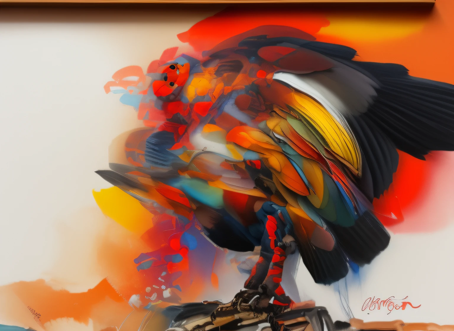 fusionar imagenes condor pajaro de medio lado, con colores azules naranjas y negros, alta calidad, pintura oleo sobre lienzo