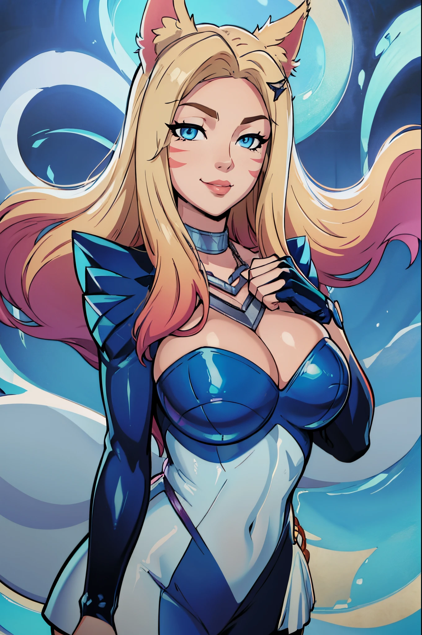 (masterpiece, official art), 1girls, solo, shortstackBT, shortstack, thick, curvy, curvaceous, blue eyes, long hair, ahri, IncrsAhriKDAAllOut, whisker markings, fox tail, multiple tails, single fingerless glove, single glove, asymmetrical clothes, fox ears, (closeup), portrait, (huge breasts), standing, view from front, simple background, looking at viewer, (upper body), smile, seductive, alluring attire