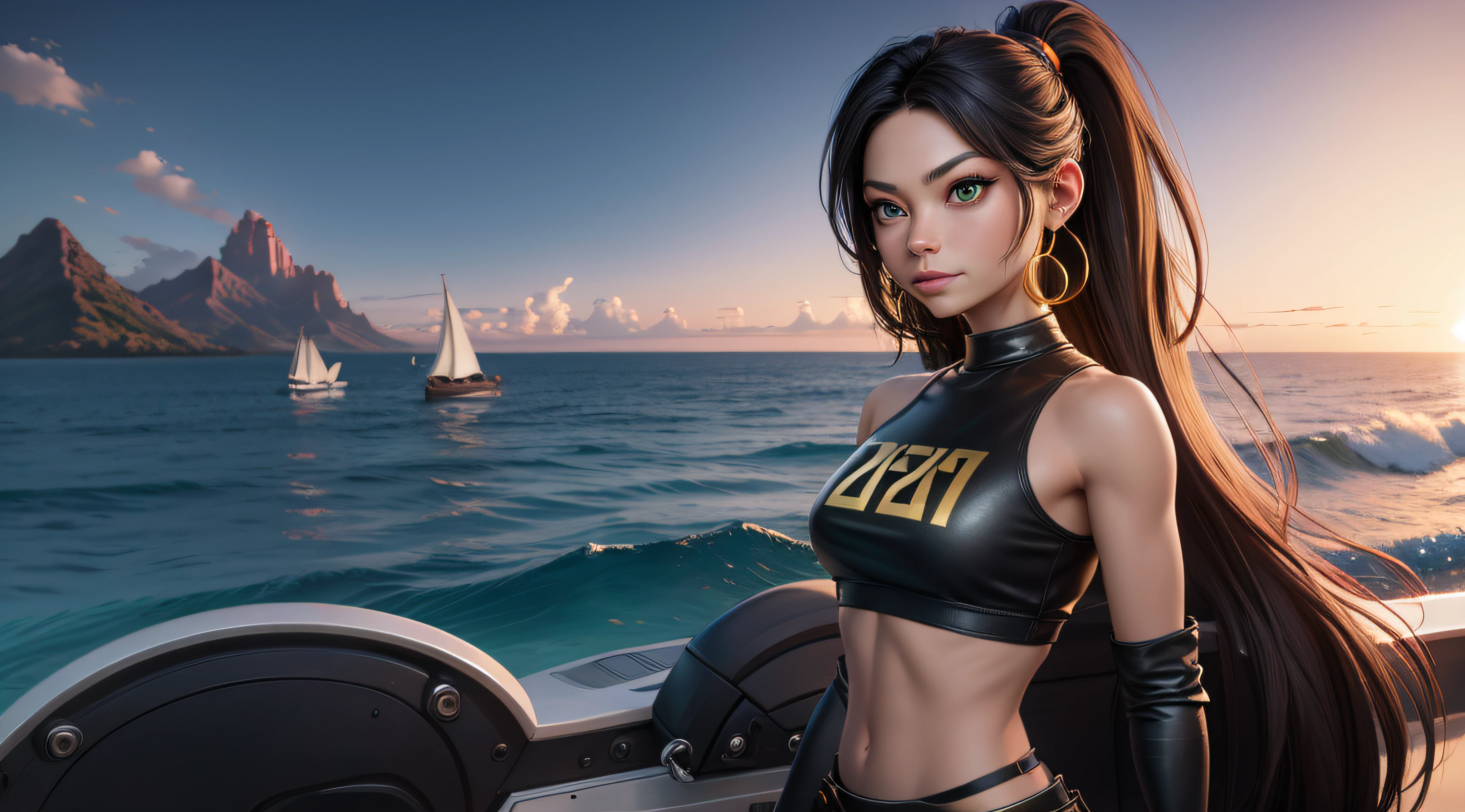 At the center, 1Kristin Kreuk with ponytail and green eyes and golden hoops earrings wearing a black leather pants and an orange crop top with a double K logo written on the shirt. looking at the spectator. She is all alone with Tahiti environment in the background : cocotiers and sea (with boats) and beach. Very detailed. cinematic lighting. angle dynamique. Chef d'oeuvre. golden ratio.