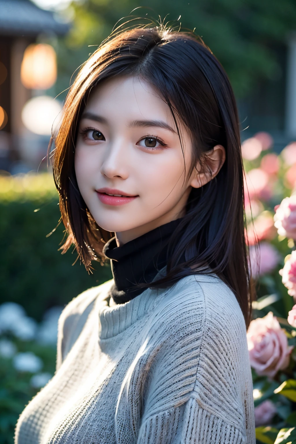 ​masterpiece,DSLR photo,analog style,NikonD5,rialistic photo,Photo of beautiful 20 year old woman,dramatic  lighting(85mm),Blooming garden in the background,(detailed facial features),(detailed shiny eyes),dynamic ungle,michelangelo style,Long,Black Turtleneck Sweater,a smile:1.4,