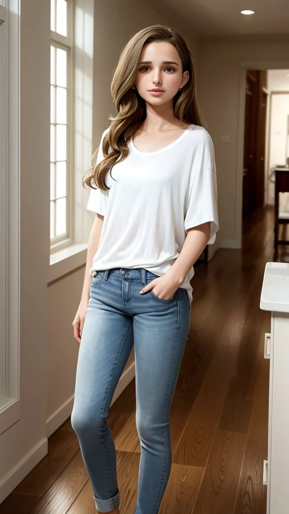 18 year old jewish girl, Natalie Portman from a distance, very long hair, extremely long hair, indoors, full body view, full body shot, standing, soft lighting, long white scoop neck shirt, long shirt, jeans, (colossal breasts:0.0)