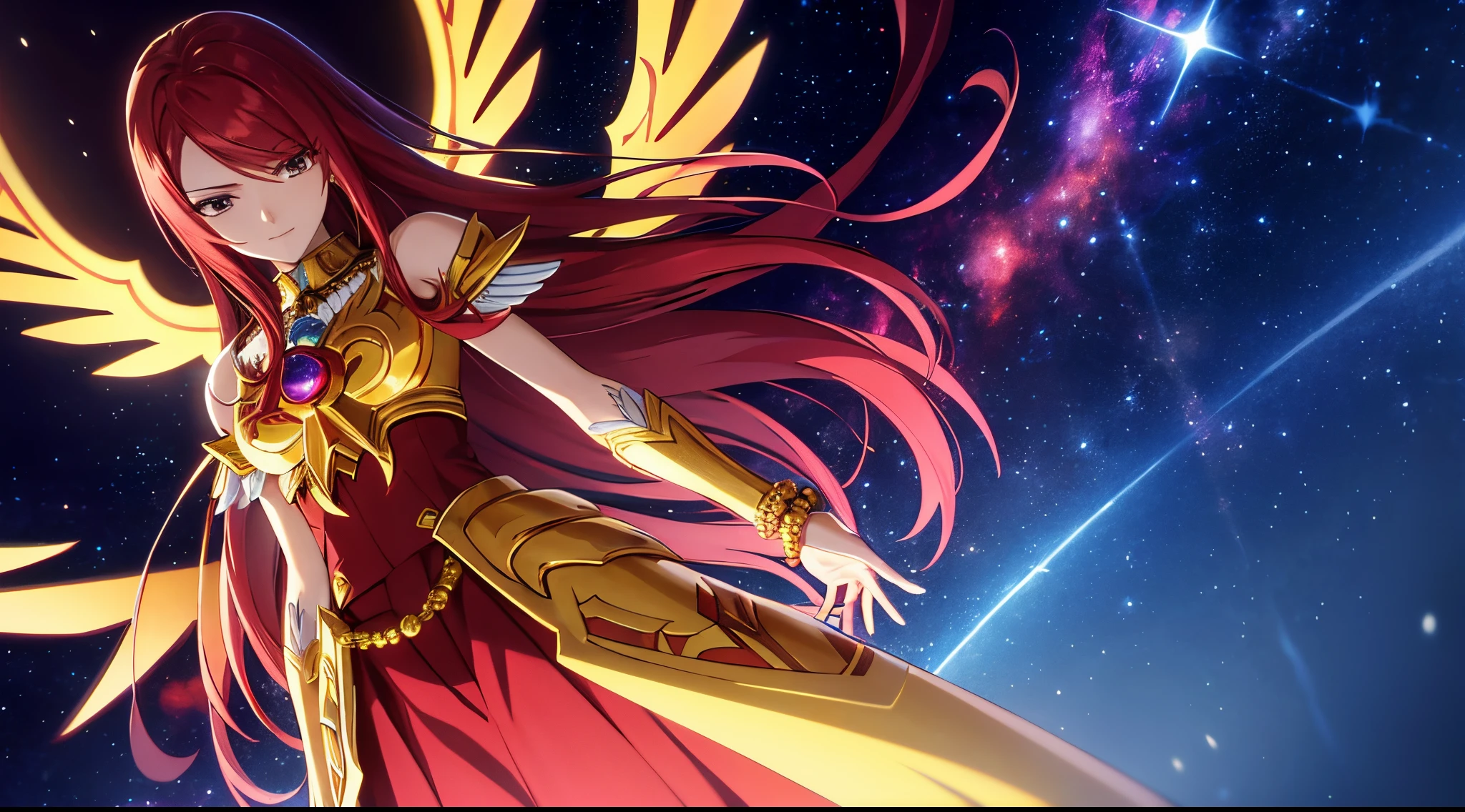 erza, 1girl, solo, long_hair, medium breasts,brown_eyes,red_hair,hair over one eye, standing, looking at viewer,saint seiya golden armor and golden wings,praying beads on neck, long skirt,outer space galaxy and nebulae,anime style,deep depth of field,wide angle view,Lumen Reflections,Screen Space Reflections,Diffraction Grading,Chromatic Aberration,GB Displacement,Scan Lines,Ray Traced,Anti-Aliasing,FXAA,TXAA,RTX,SSAO,Shaders,OpenGL-Shaders,GLSL-Shaders,Post Processing,Post-Production,cell Shading,Tone Mapping,CGI,VFX,SFX,insanely detailed and intricate, 4K