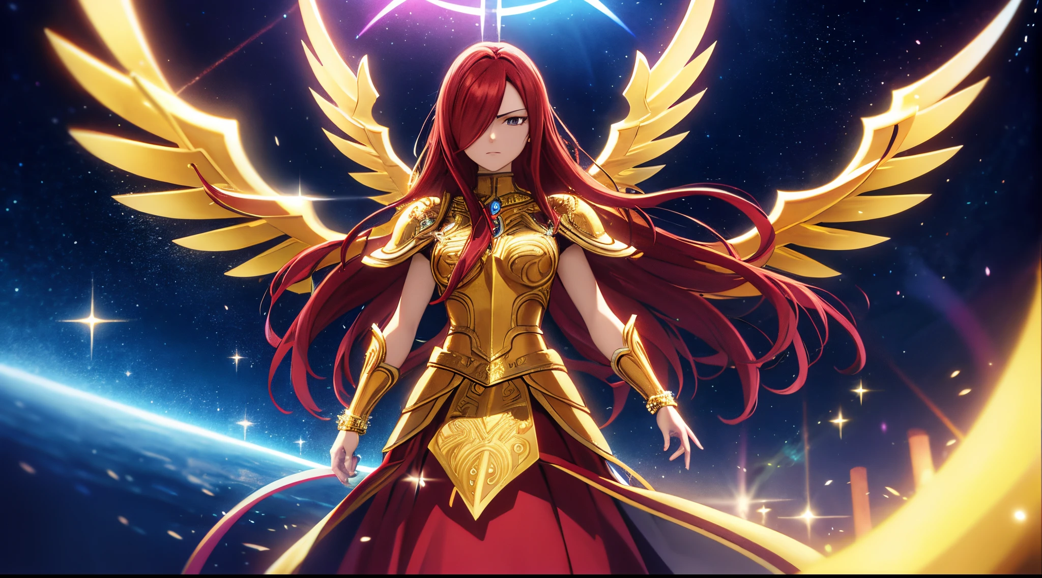 erza, 1girl, solo, long_hair, medium breasts,brown_eyes,red_hair,hair over one eye, standing, looking at viewer,saint seiya golden armor and golden wings,praying beads on neck, long skirt,outer space galaxy and nebulae,anime style,deep depth of field,wide angle view,Lumen Reflections,Screen Space Reflections,Diffraction Grading,Chromatic Aberration,GB Displacement,Scan Lines,Ray Traced,Anti-Aliasing,FXAA,TXAA,RTX,SSAO,Shaders,OpenGL-Shaders,GLSL-Shaders,Post Processing,Post-Production,cell Shading,Tone Mapping,CGI,VFX,SFX,insanely detailed and intricate, 4K